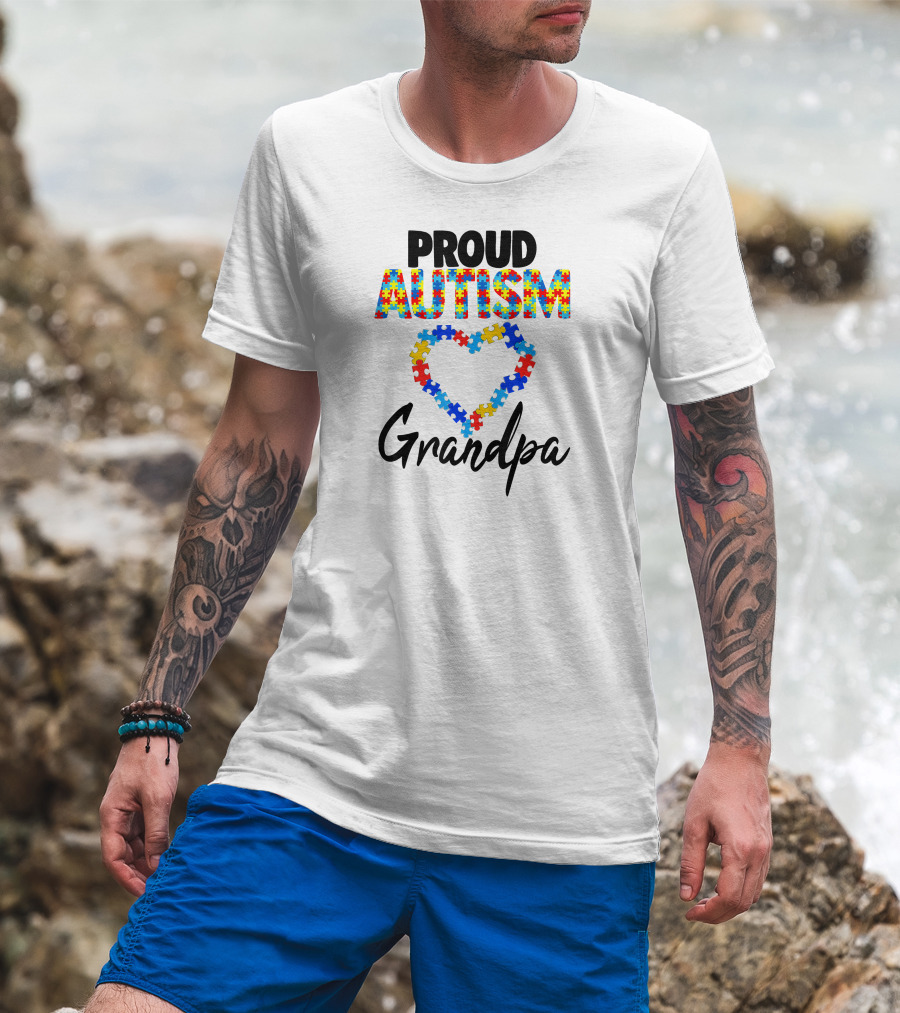 PROUD AUTISM GRANDPA Puzzle Heart T-Shirt