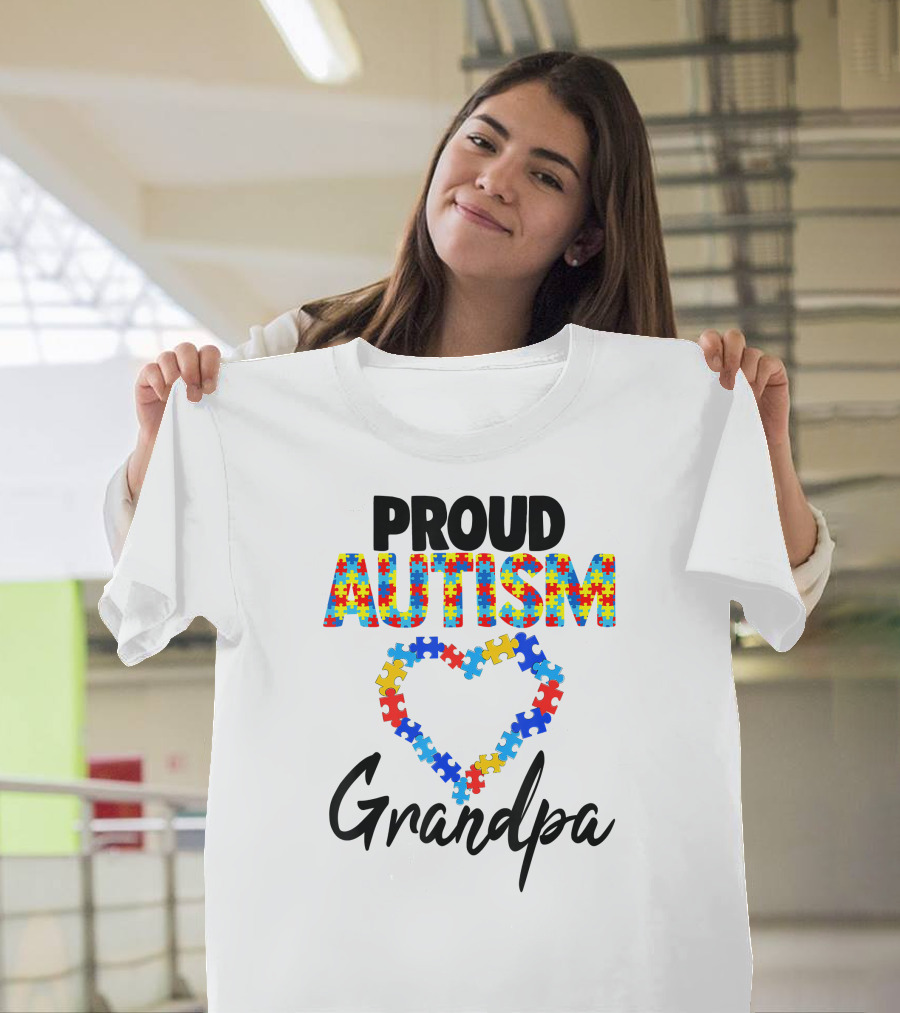 PROUD AUTISM GRANDPA Puzzle Heart T-Shirt