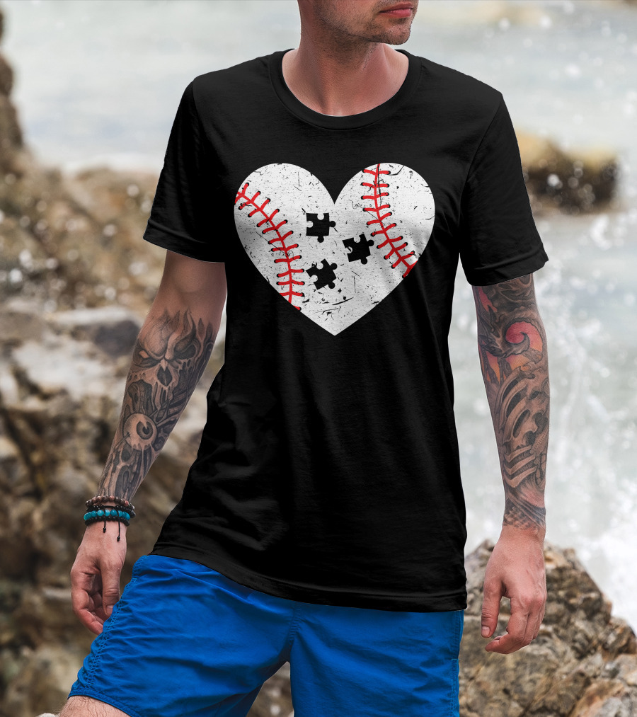 Baseball Heart Autism Puzzle Love T-Shirt