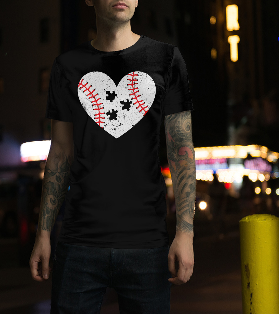 Baseball Heart Autism Puzzle Love T-Shirt