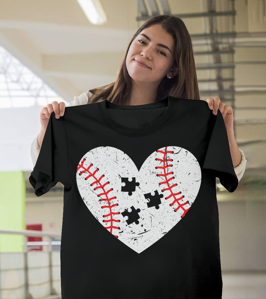 Baseball Heart Autism Puzzle Love T-Shirt