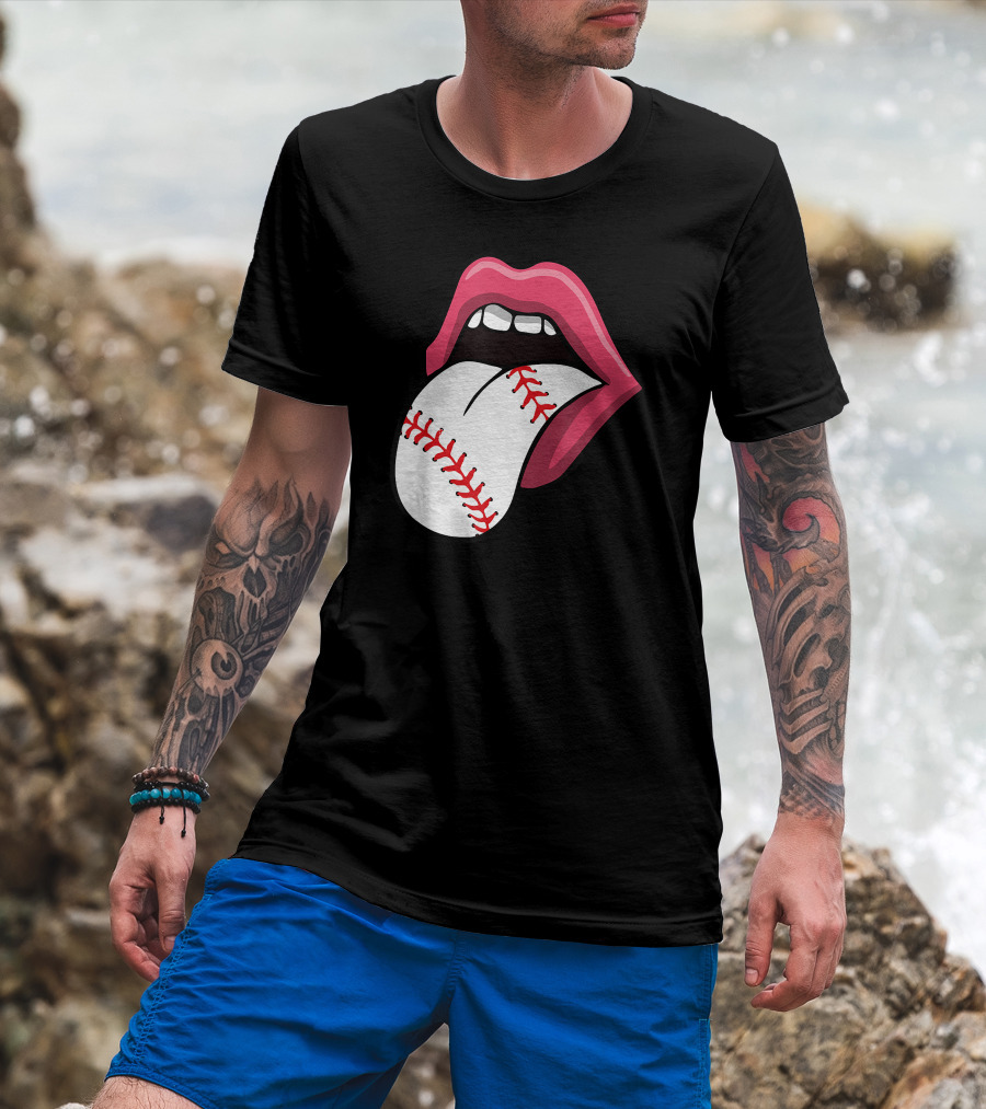 Red Lips Baseball Tongue Kiss T-Shirt