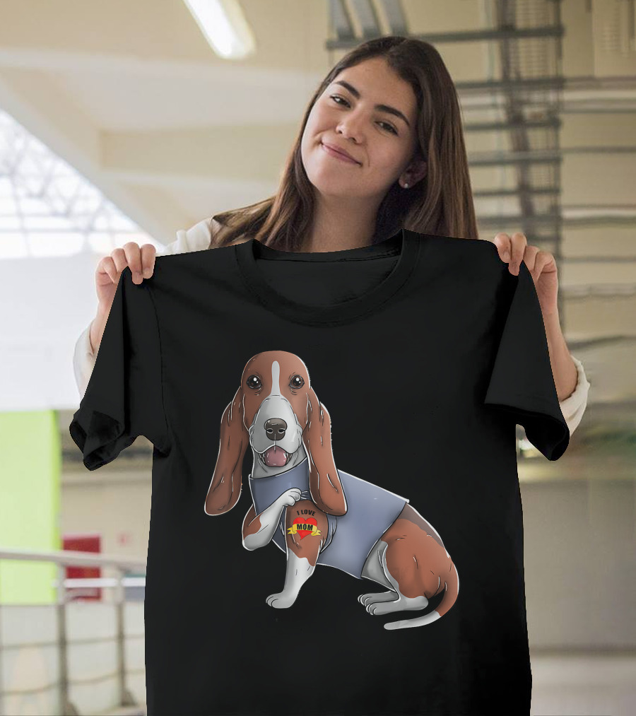 Basset Hound With I Love Mom Heart Tattoo T-Shirt