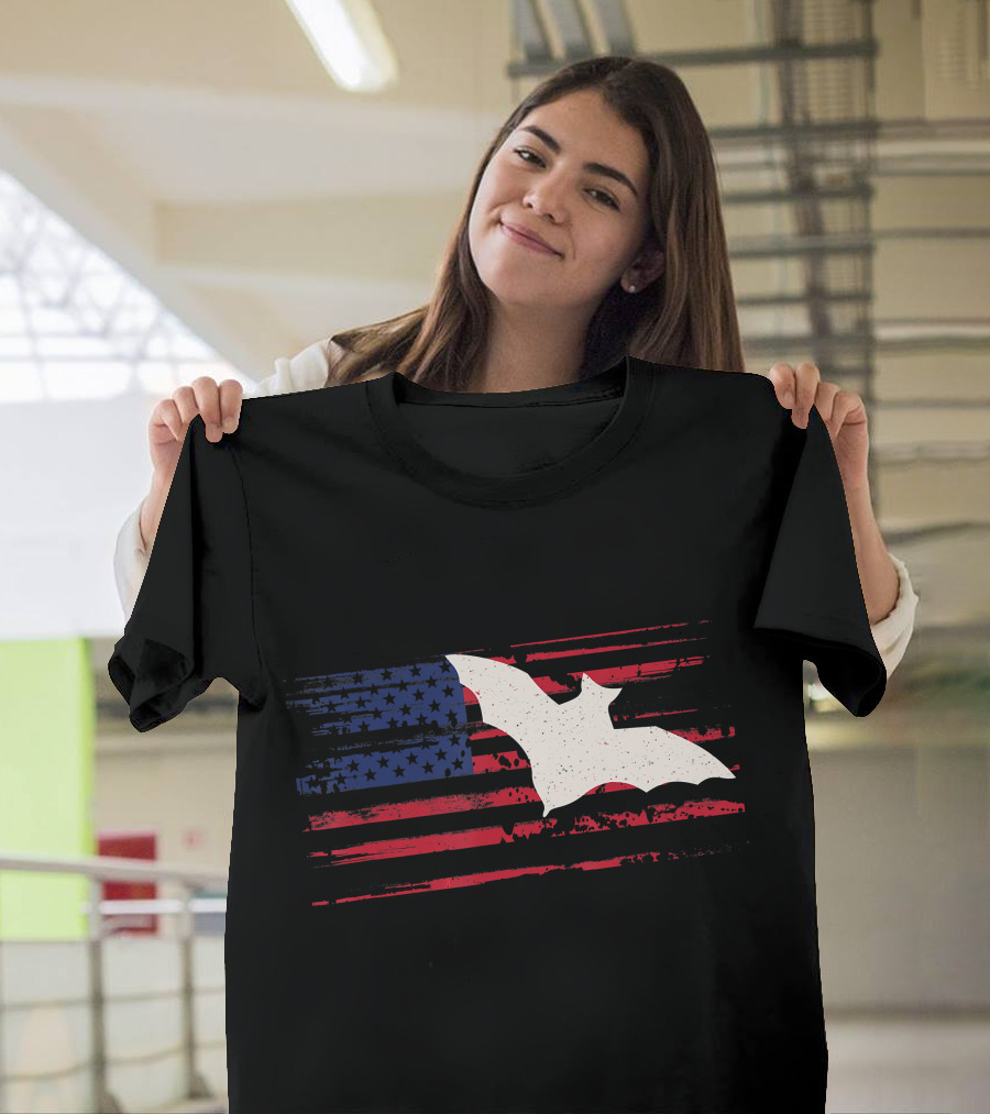 Bat Silhouette US American Flag Stripes and Stars T-Shirt