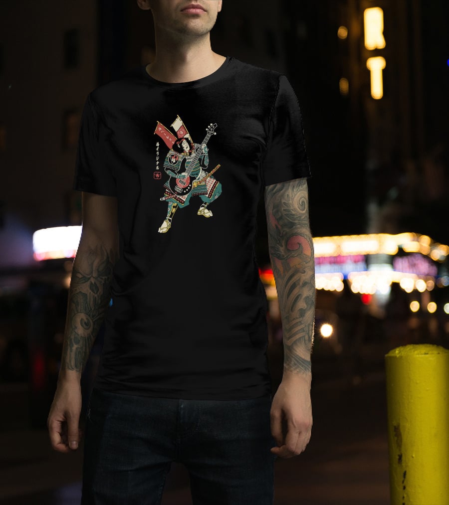 BASSIST SAMURAI No7 Vintage Japanese Warrior Playing Bass Guitar T-Shirt