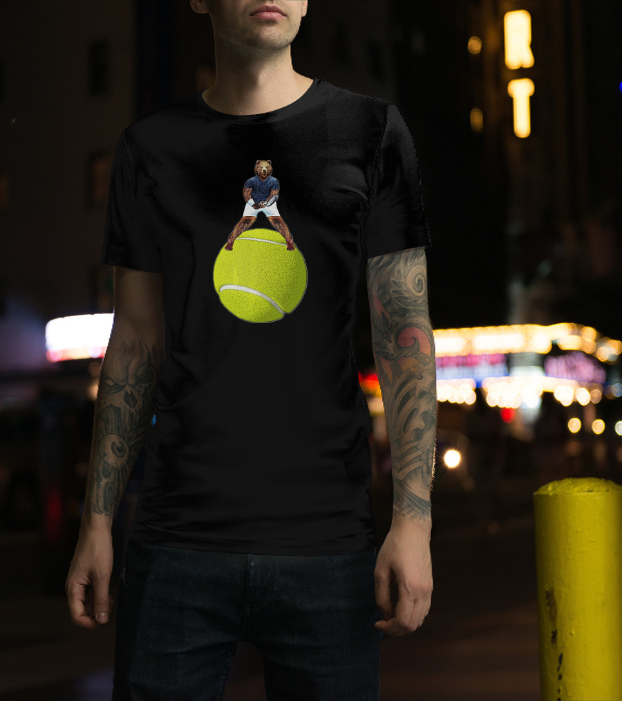 Bear Balancing On Tennis Ball By Behrbone Mens T-Shirt