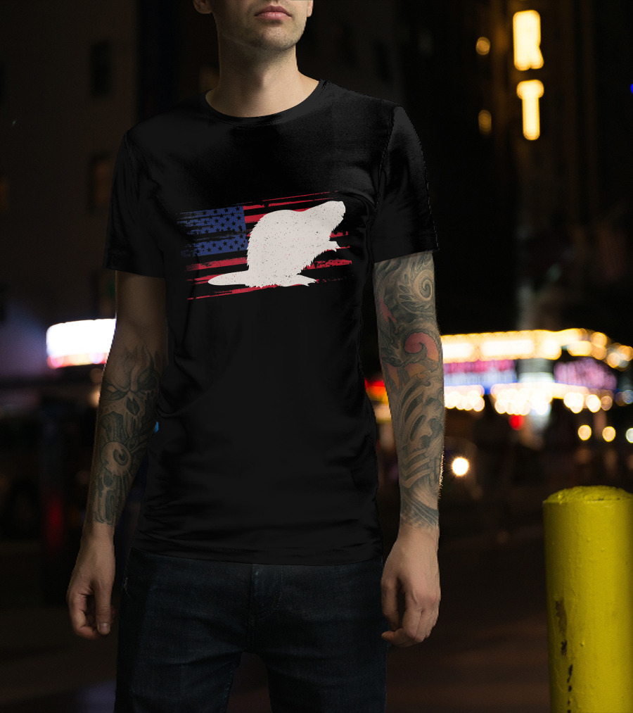 Beaver Silhouette Over Distressed US American Flag Rodent T-Shirt