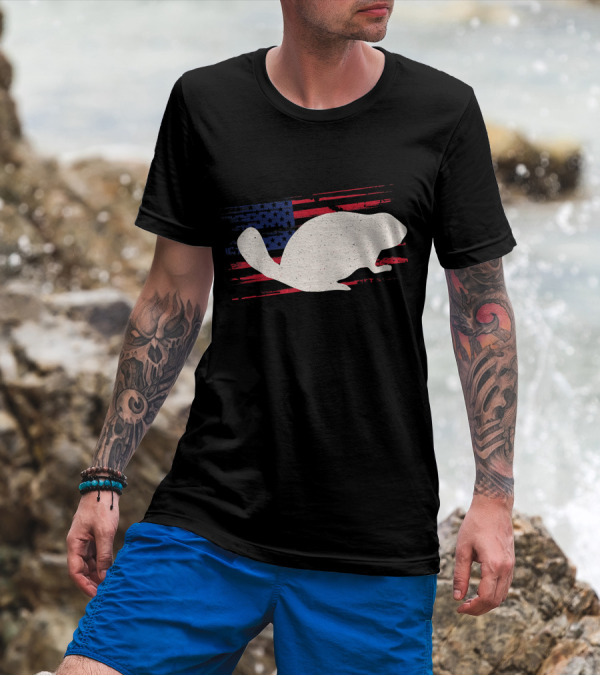 Beaver Silhouette On Distressed American Flag Rodent T-Shirt