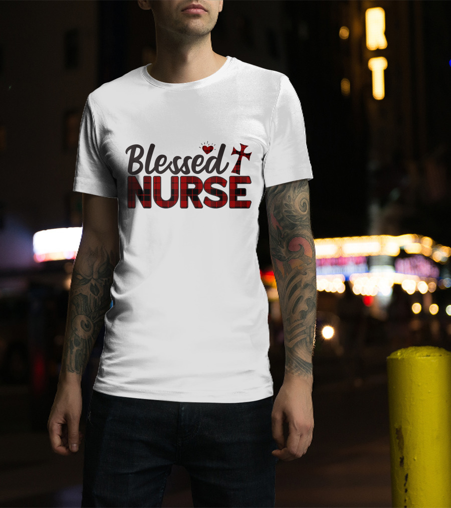 Blessed Nurse Plaid Heart Cross Christian T-Shirt