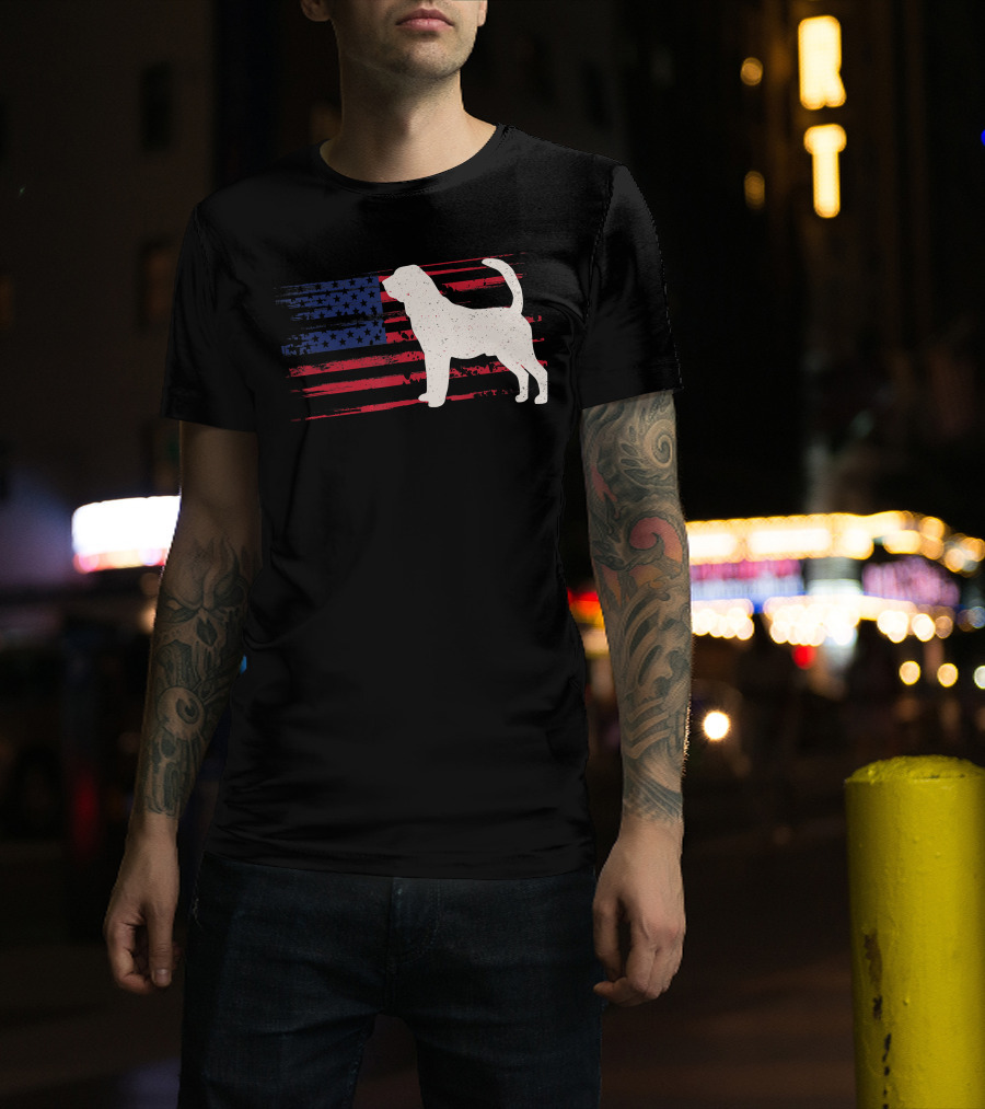 Bloodhound Puppy Silhouette With Distressed American Flag Background T-Shirt