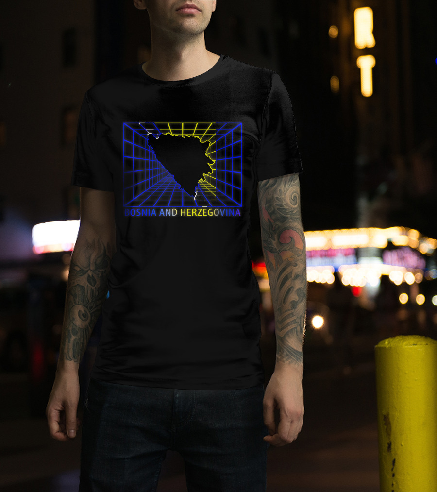 Bosnia And Herzegovina Map Bosnian Neon Grid T-Shirt
