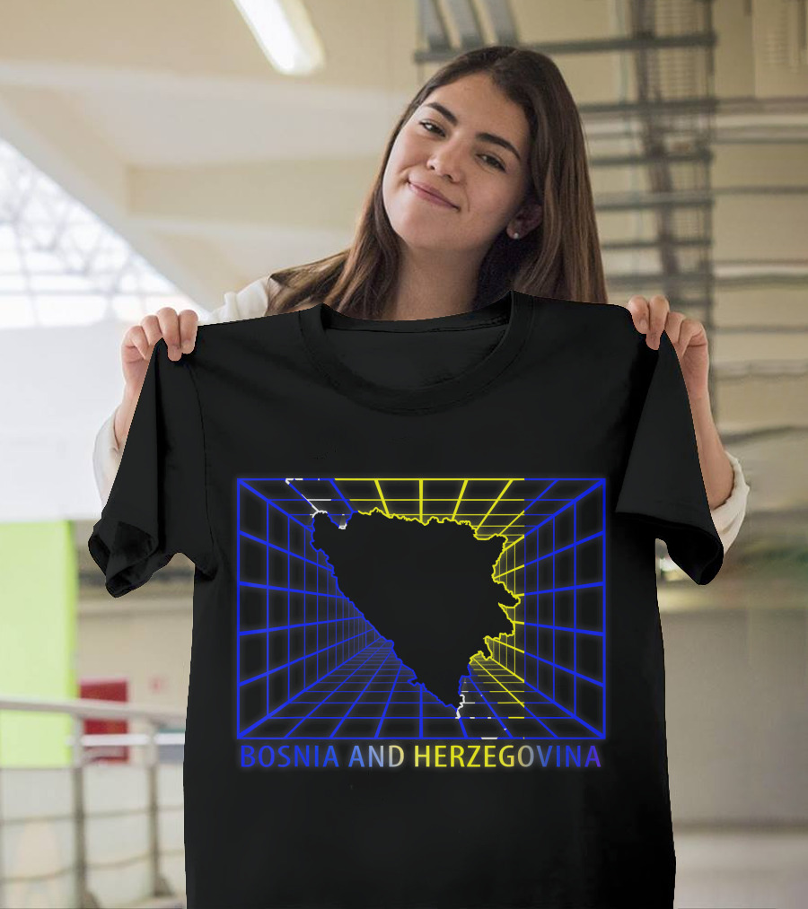 Bosnia And Herzegovina Map Bosnian Neon Grid T-Shirt
