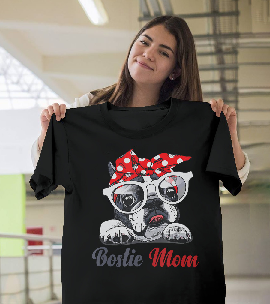 Bostie Mom Boston Terrier Dog With Red Polka Dot Bandana And Glasses T-Shirt