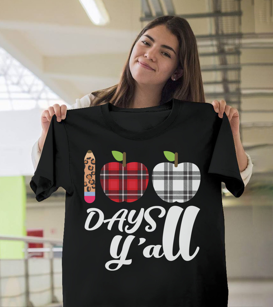 Buffalo Plaid Leopard Pencil 100 Days Y'all Apples T-Shirt