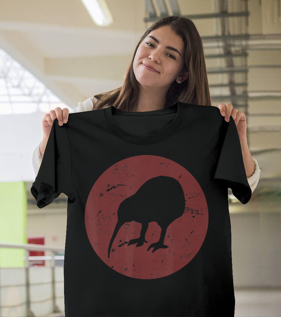 Vintage Kiwi Bird Silhouette on Red Circle Background T-Shirt