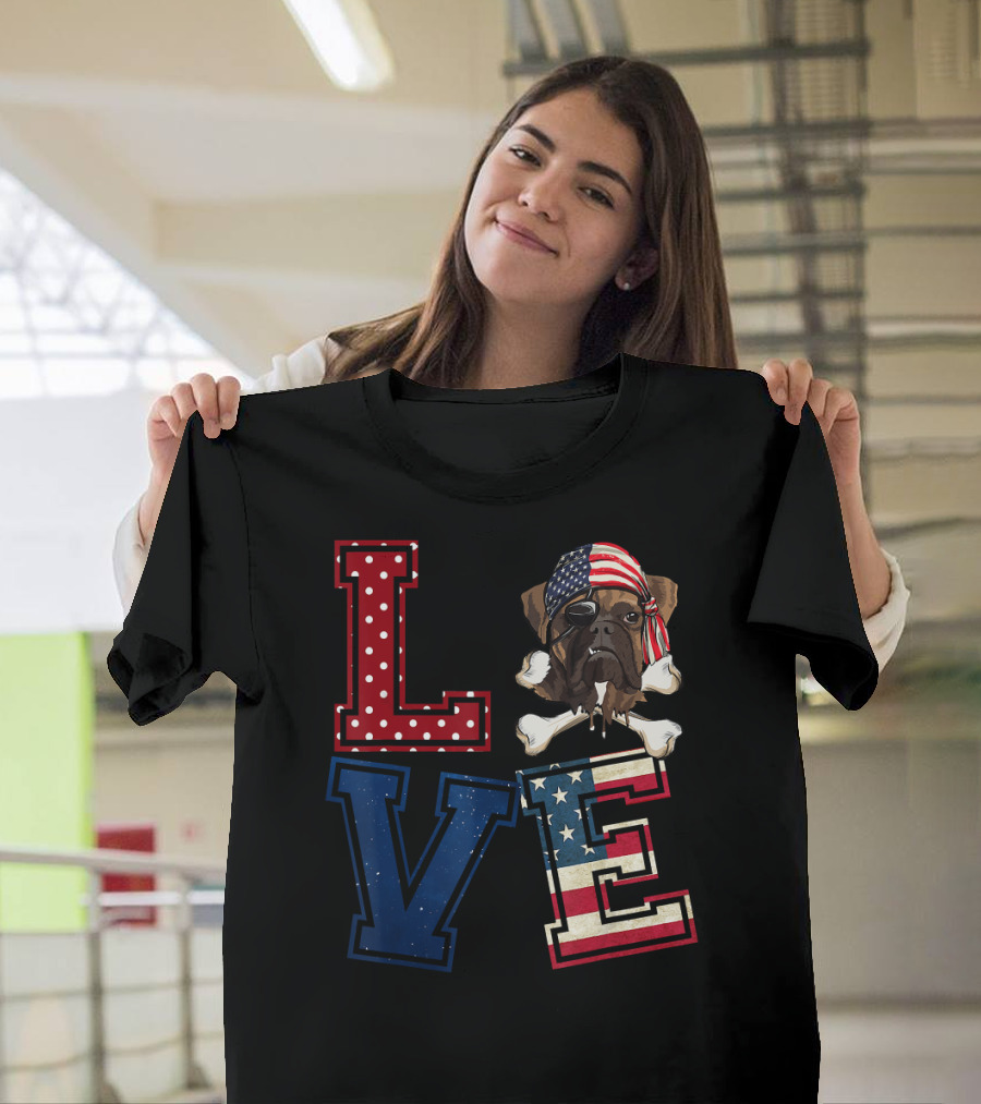 LOVE Boxer Dog with Pirate Bandana and American Flag Letters T-Shirt