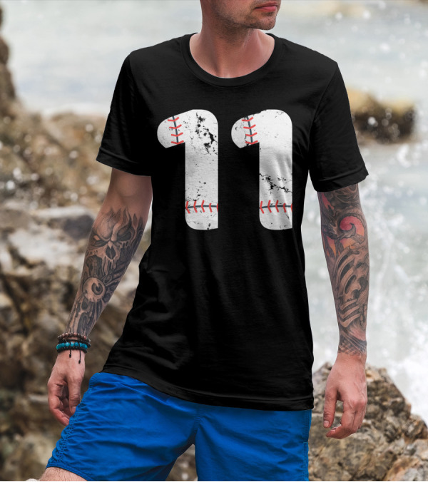Number 11 Baseball Vintage Distressed Design With Stitching T-Shirt