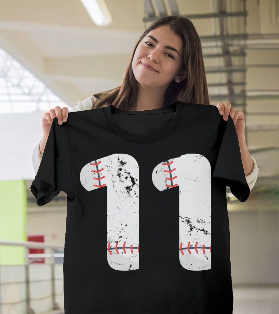 Number 11 Baseball Vintage Distressed Design with Stitching T-Shirt