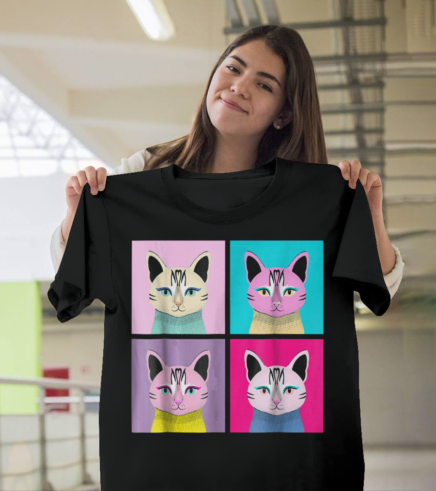 Pop Art Cat Illustrated Colorful Squares T-Shirt