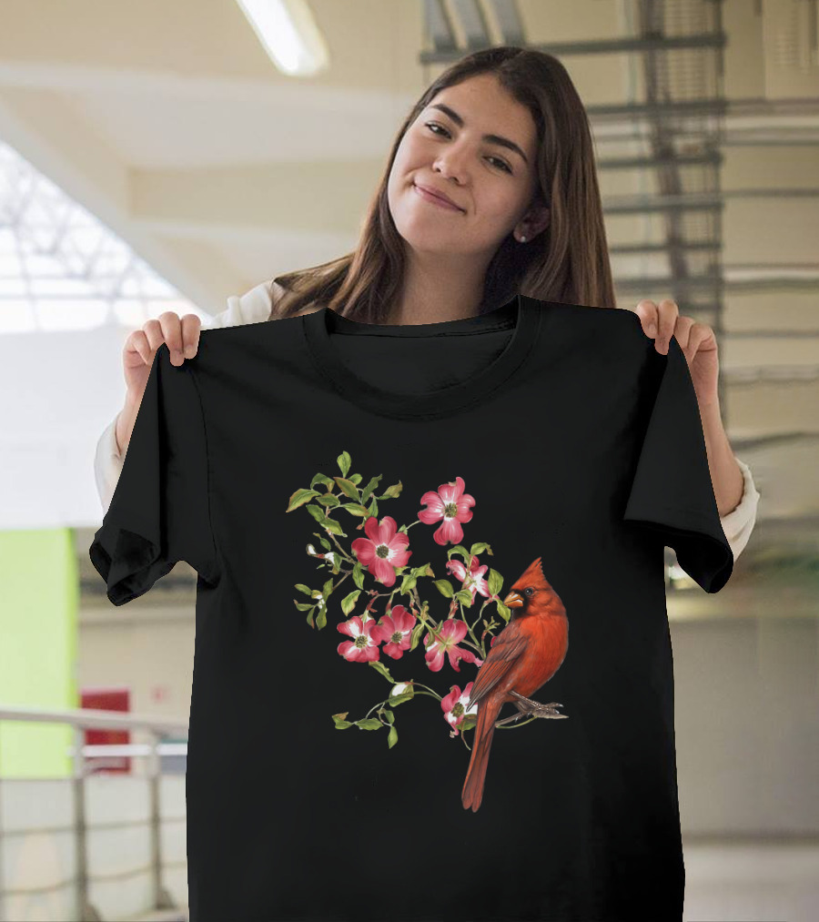 Red Cardinal Bird and Pink Flowering Dogwood Blossoms T-Shirt