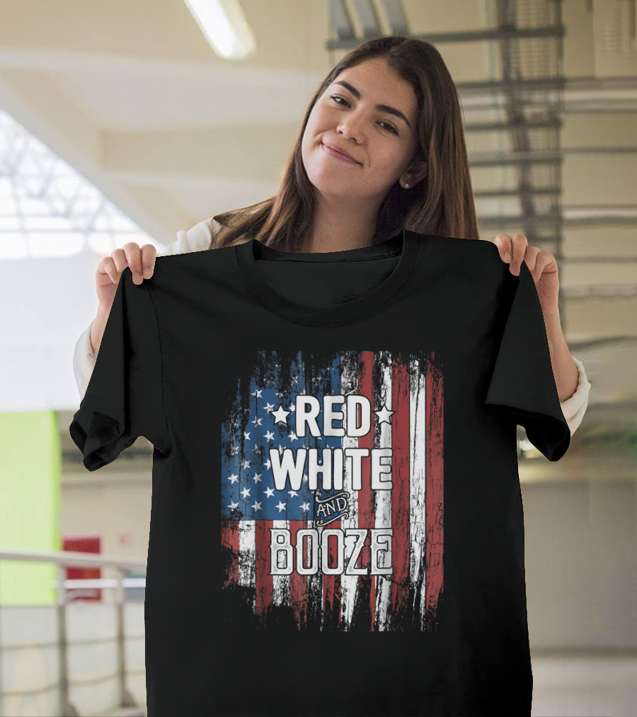 Red White and Booze American Flag July 4th T-Shirt