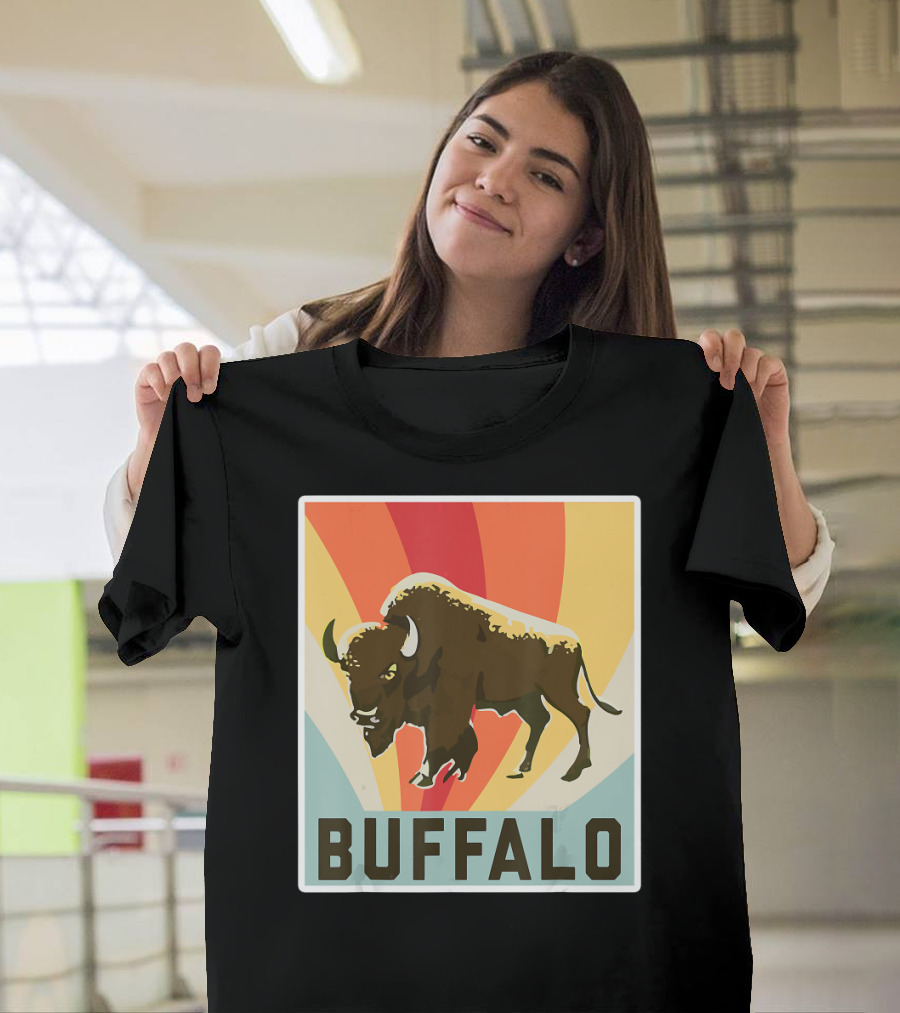 Buffalo Retro American Bison Vintage Style Rainbow Background T-Shirt