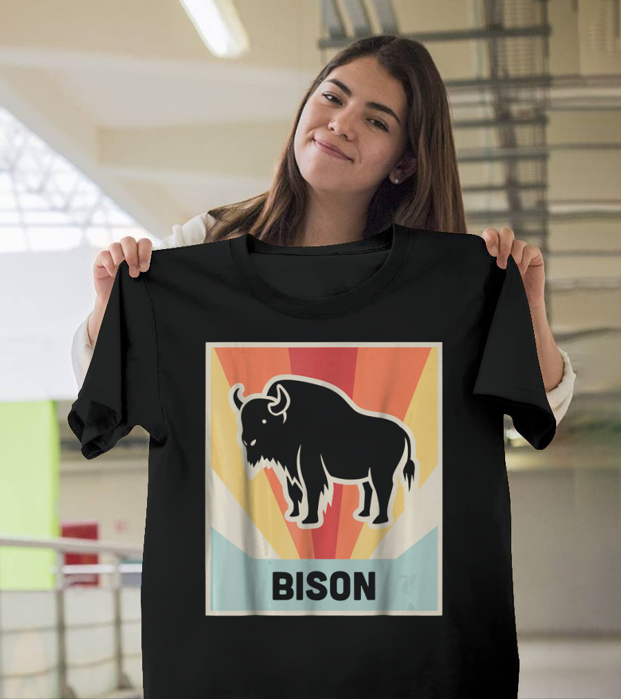 Retro Vintage BISON Silhouette with Colorful Sunburst Background T-Shirt