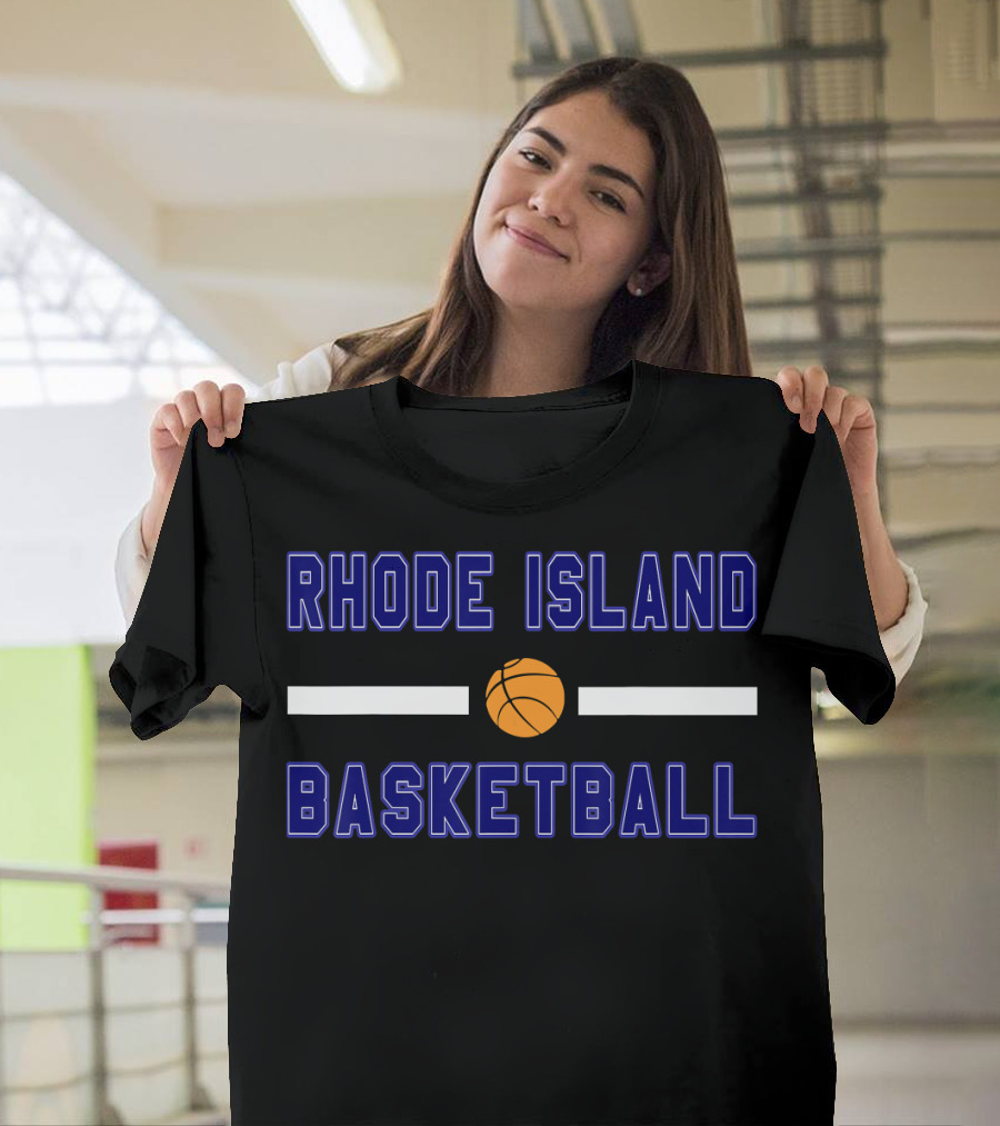 Rhode Island Basketball Backboard Graphic with Iconic Ball and Stripes T-Shirt