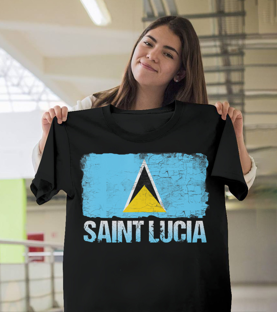 Saint Lucia Flag Distressed Blue and Yellow Triangles T-Shirt