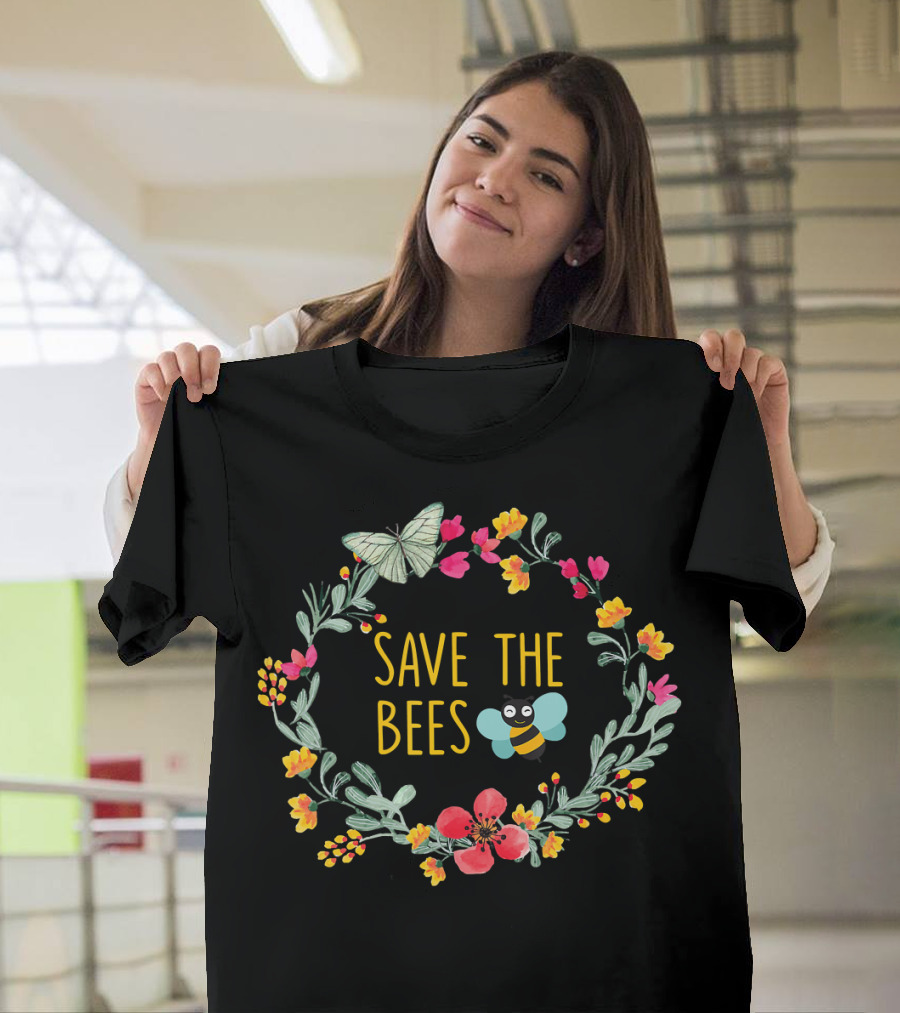 Save the Bees Nature Lovers Floral Wreath Butterfly Bumblebee T-Shirt