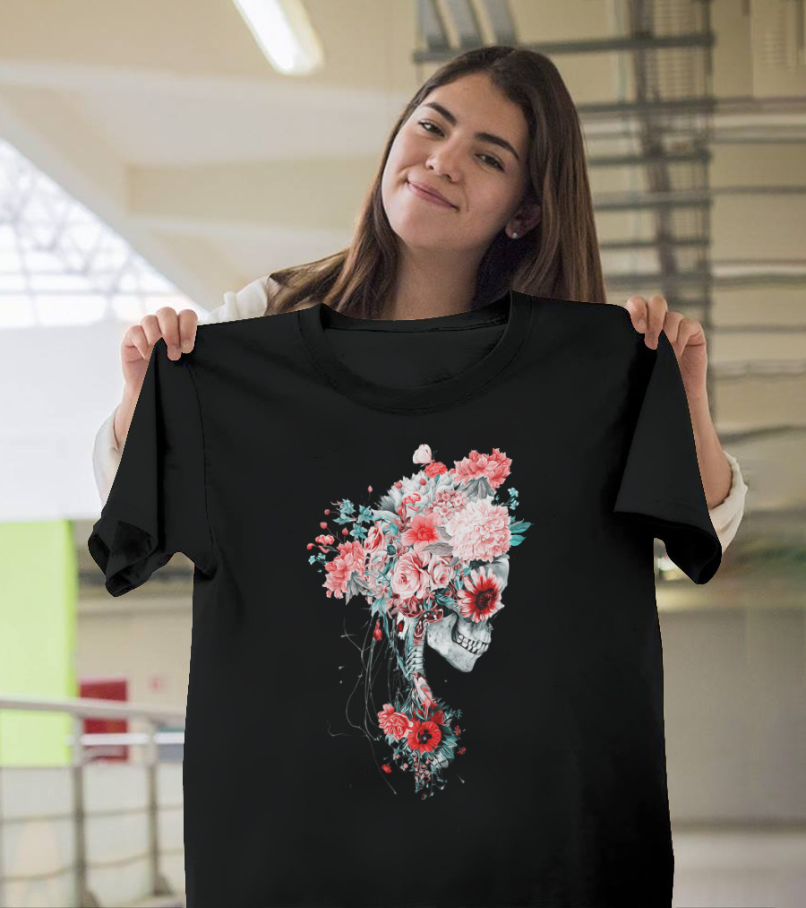 Skeleton Bride Floral Skull with Pink Flowers T-Shirt