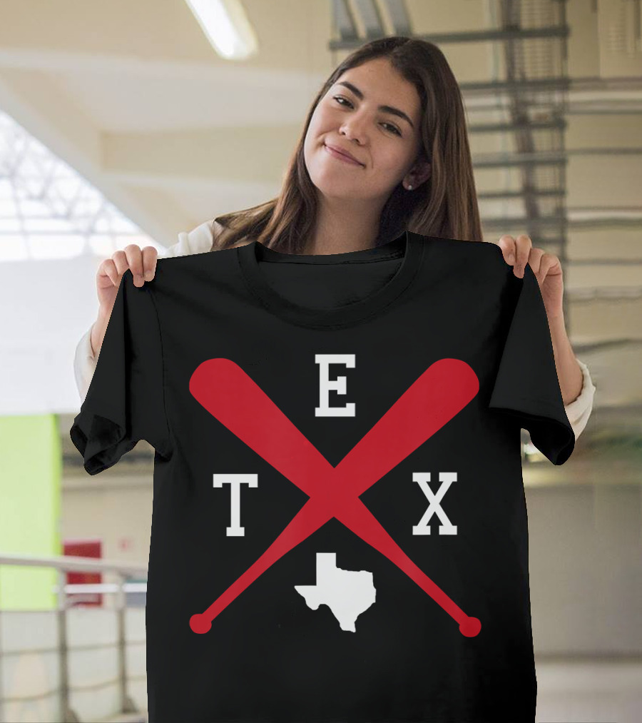 Texas Baseball TX State Outline with Red Crossed Bats T-Shirt