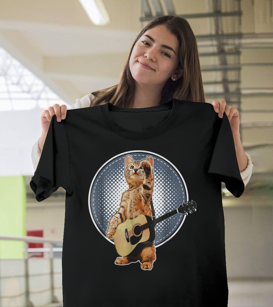 Cat Playing Acoustic Guitar Musician in Pop T-Shirt