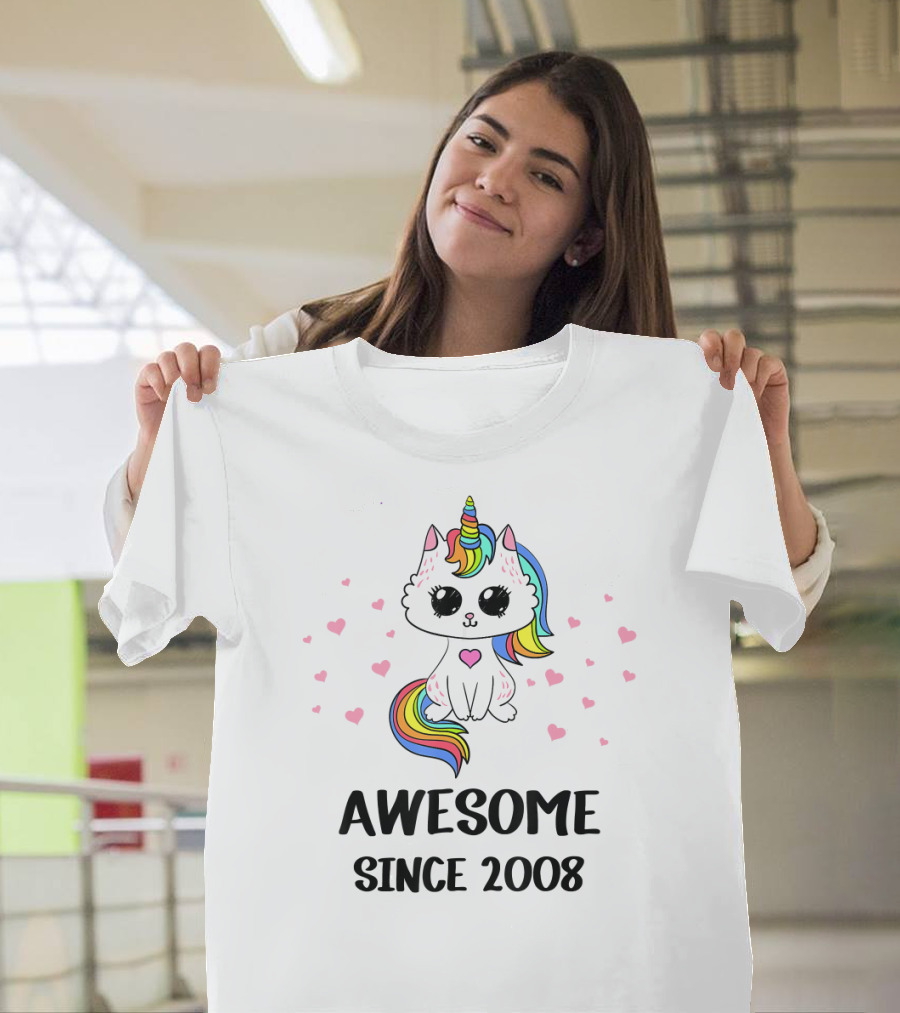 Awesome Cat Unicorn Heart Since 2008 11th Birth T-Shirt