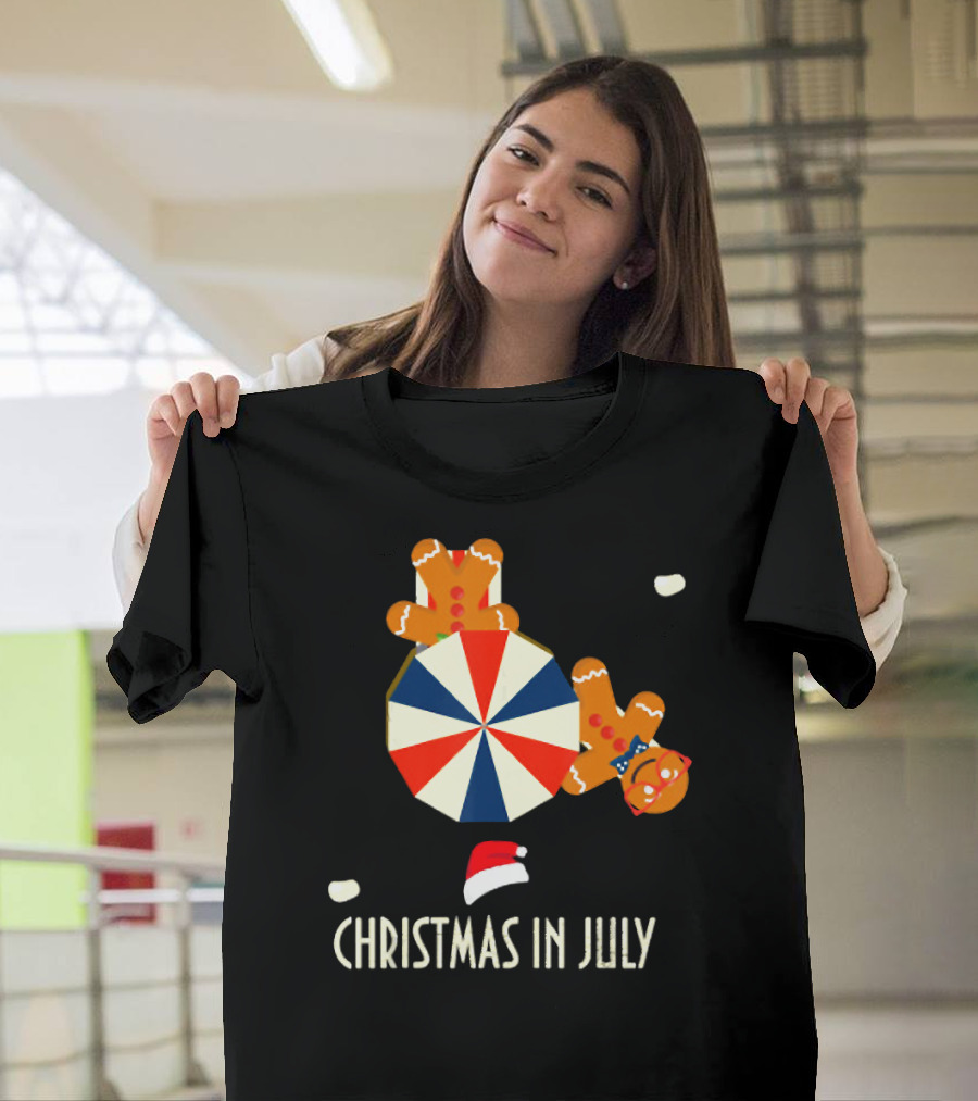 Gingerbread Man with Beach Umbrella Christmas in July Santa Hat T-Shirt