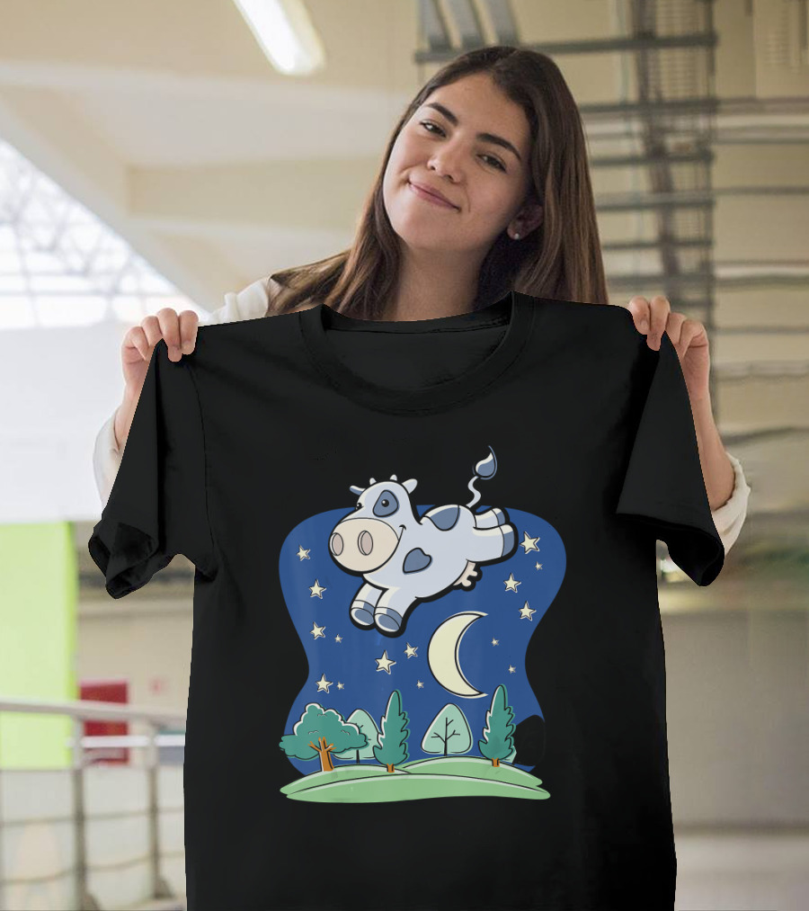 Cow Jumping Over the Moon Cartoon Night Sky Scene T-Shirt