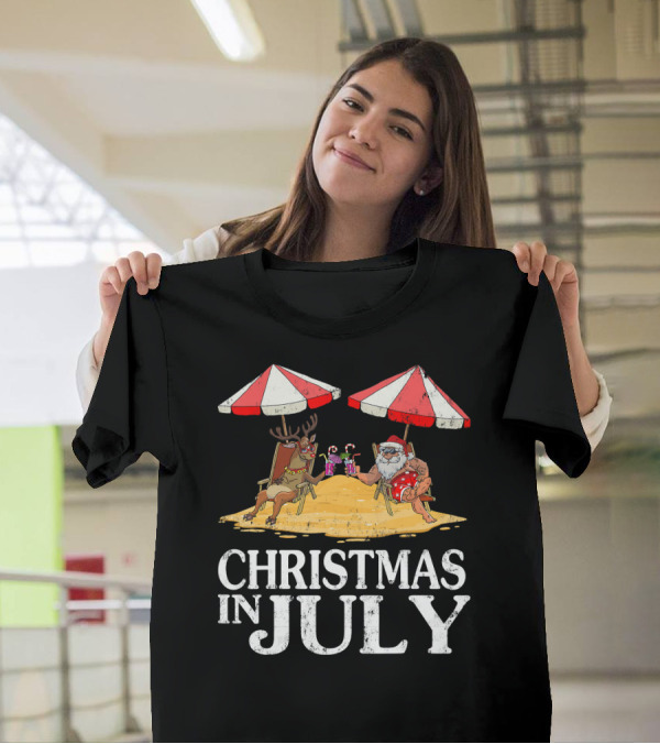 Christmas In July Hawaiian Summer Party Santa Reindeer T-Shirt