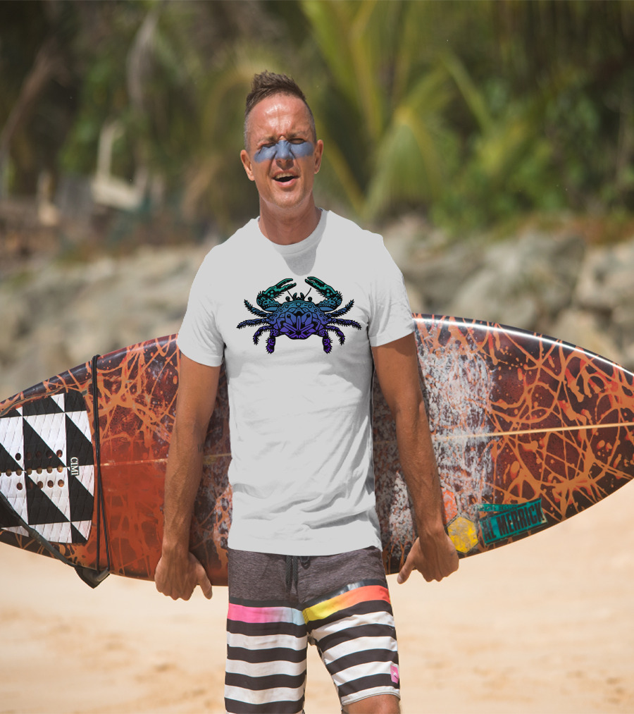Jewel Tone Blue Crab Tribal Lines T-Shirt