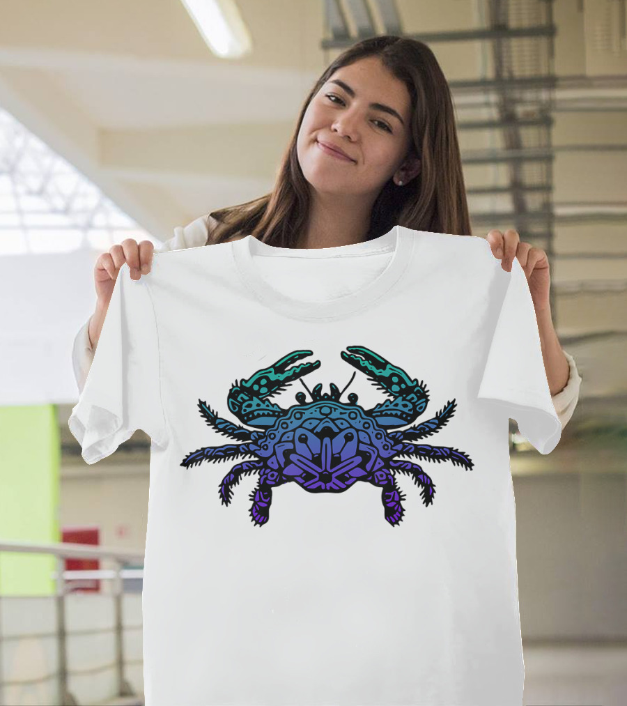 Jewel Tone Blue Crab Tribal Lines T-Shirt