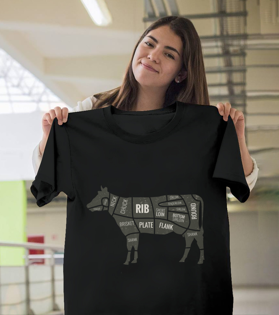 Meat Lover Cow Butcher Cuts Rib Sirloin Flank Brisket Chart T-Shirt