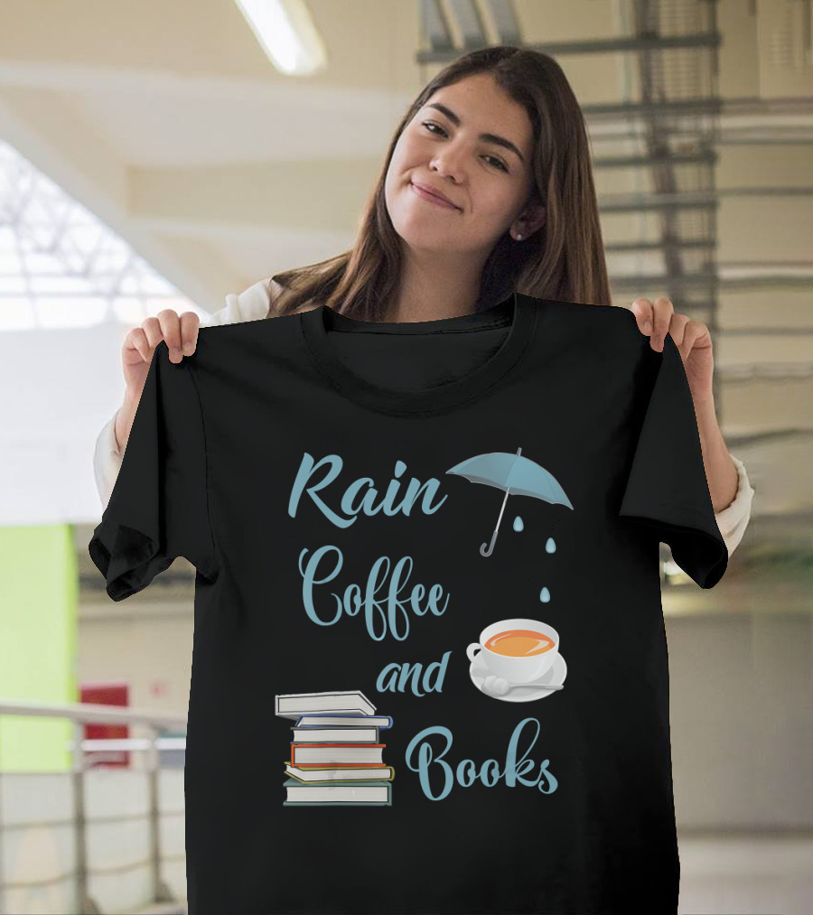 Rain Coffee and Books Umbrella Cup Stack T-Shirt