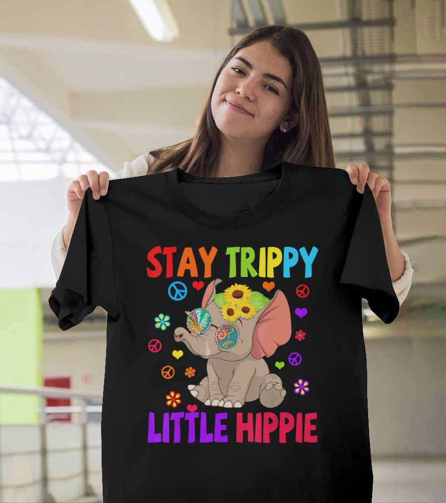 Stay Trippy Little Hippie Elephant with Flowers and Peace Signs T-Shirt
