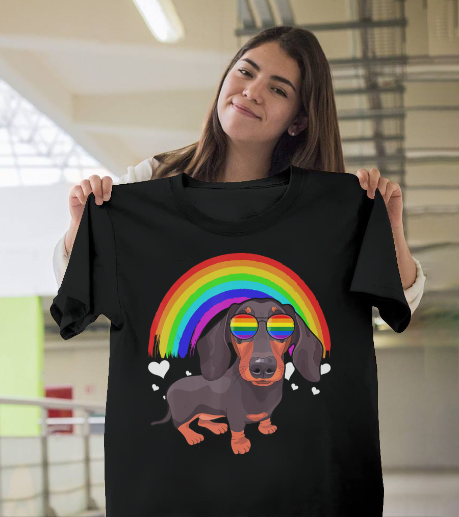 Dachshund Rainbow Sunglasses Hearts Gay Pride LGB T-Shirt