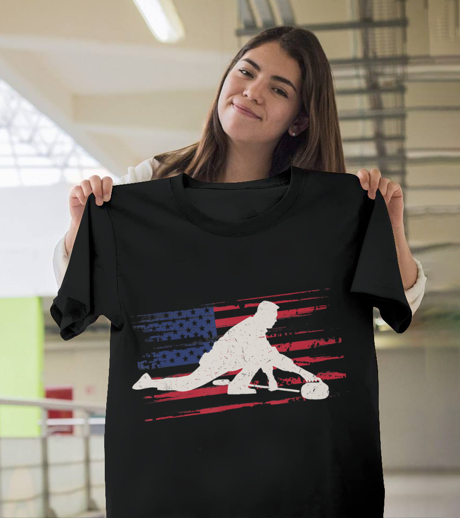 Cool Curling Player US Flag Winter Sports T-Shirt