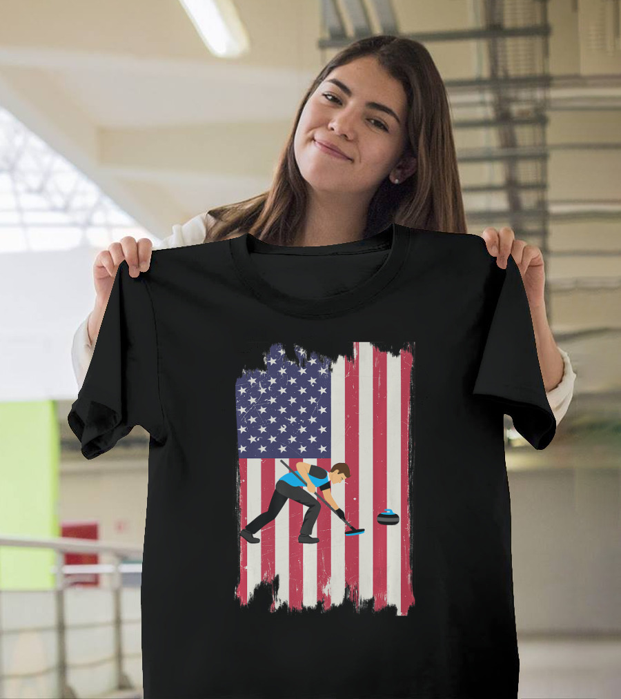 Curling Player with American Flag Background T-Shirt
