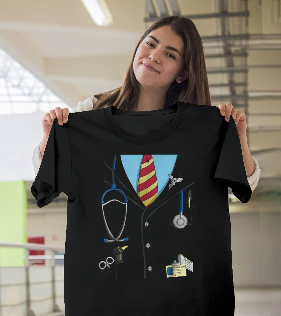 Funny Doctor Costume Lab Coat Stethoscope Hospital Badge Tie T-Shirt
