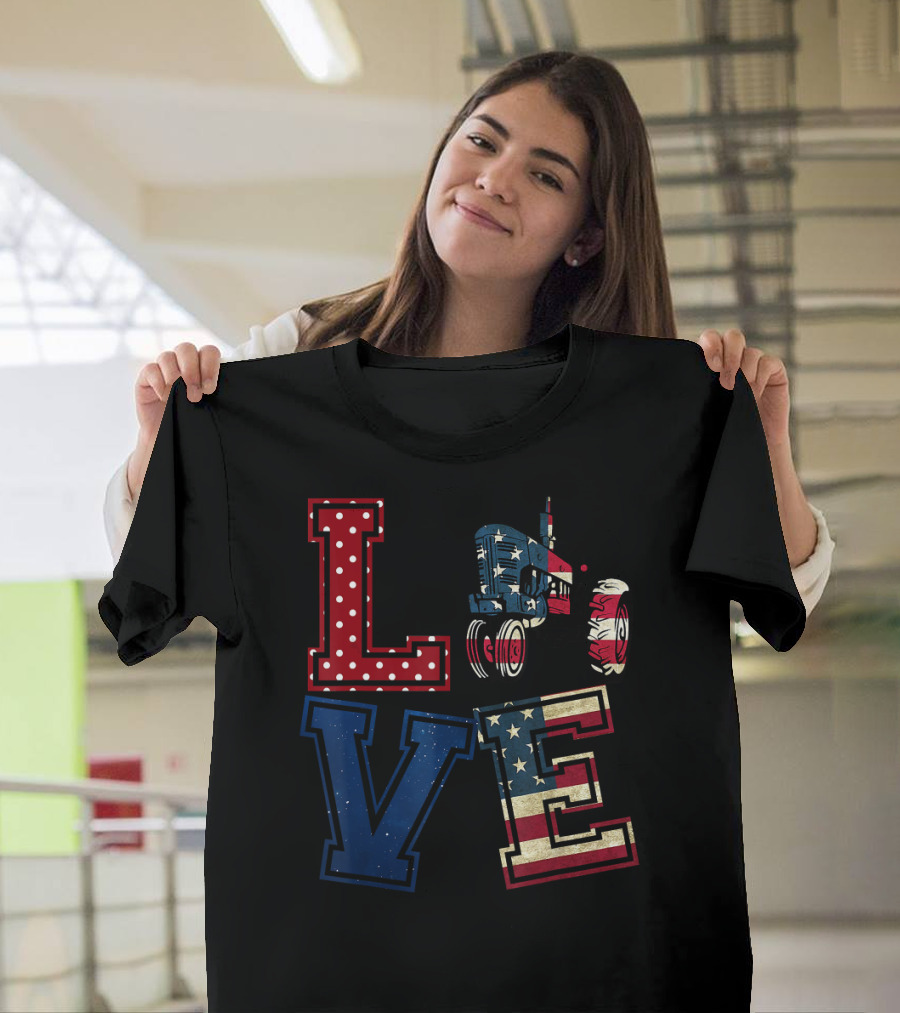 LOVE American Flag Tractor Theme T-Shirt