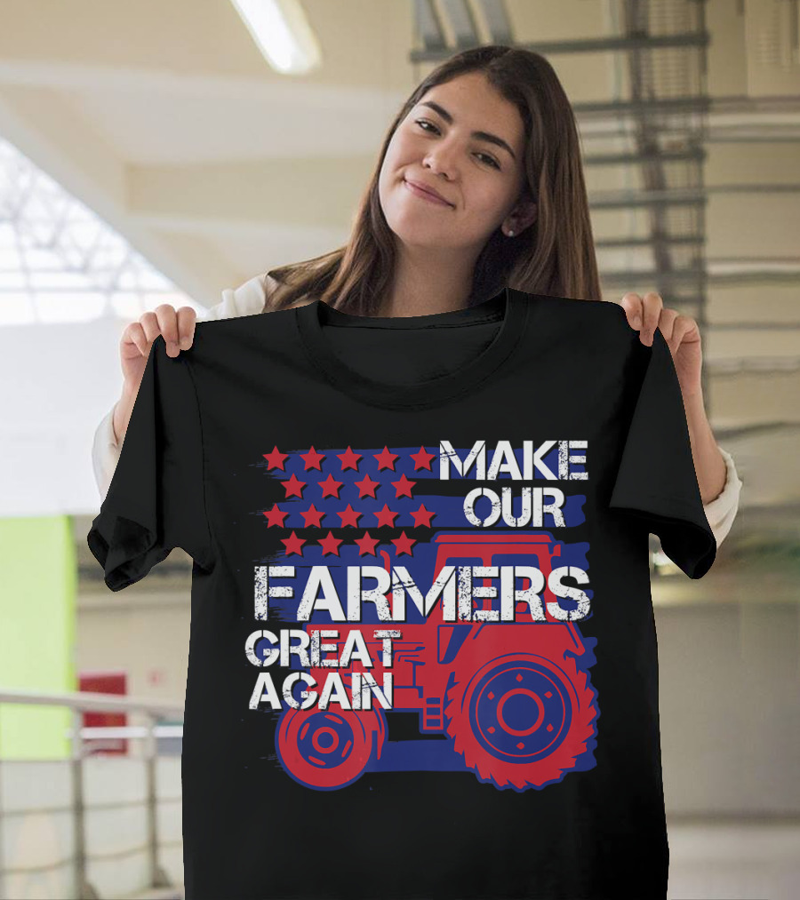 Make Our Farmers Great Again Tractor Stars Stripes Red Blue T-Shirt