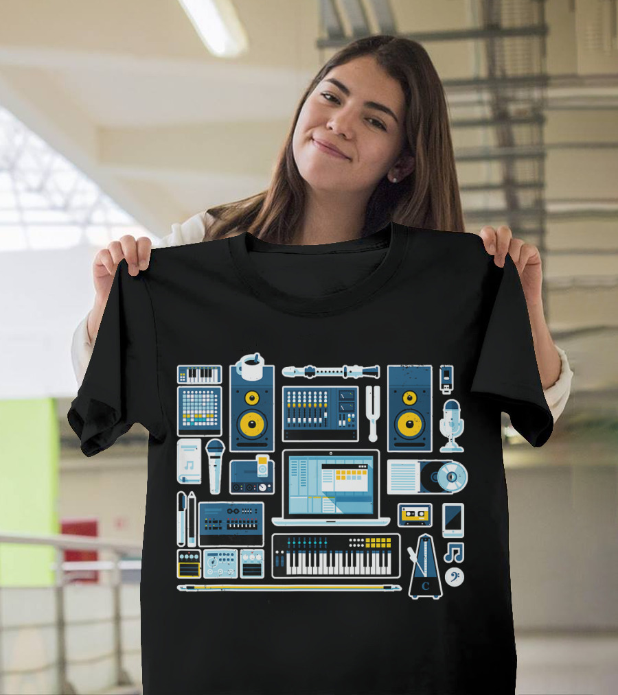 Sound Engineer Music Production Equipment Icons Keyboard Microphone Speakers Studio Setup T-Shirt