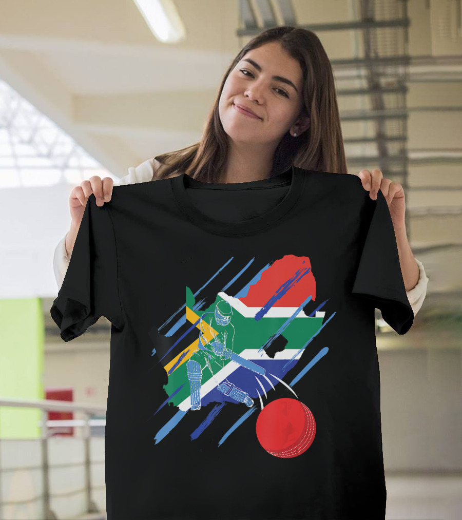 South Africa Cricket Fan or Player Map with Flag and Batsman T-Shirt